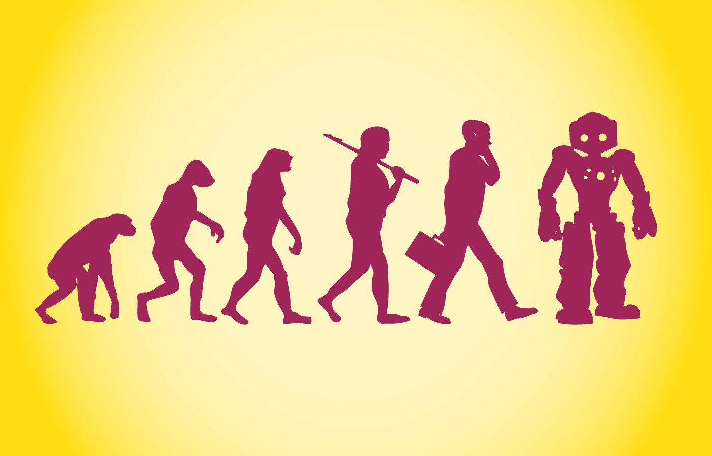 Evolutionsreihe Affe über Mensch zu Roboter