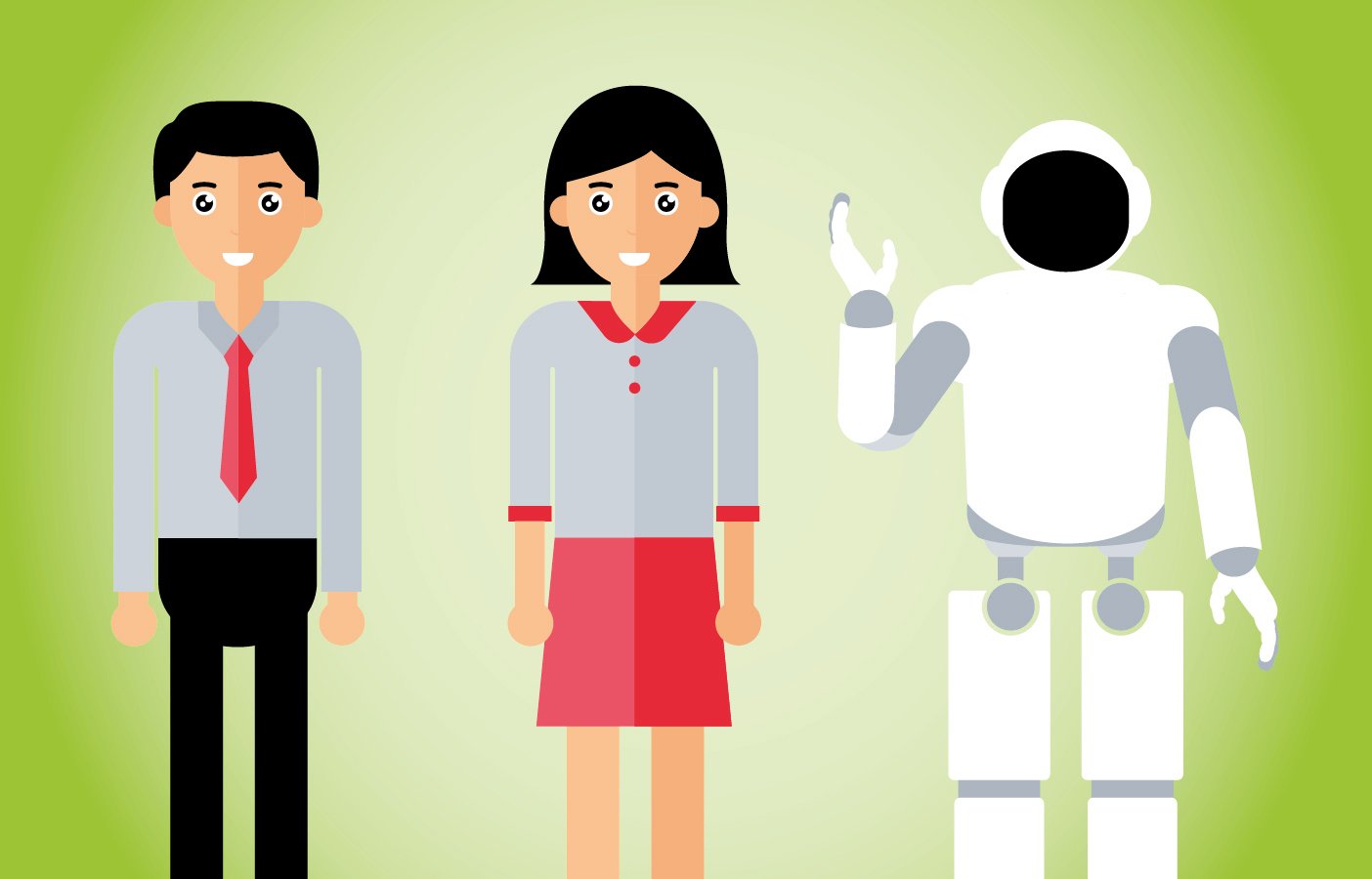 Illustration von Mann, Frau und Roboter auf grünem Hintergrund