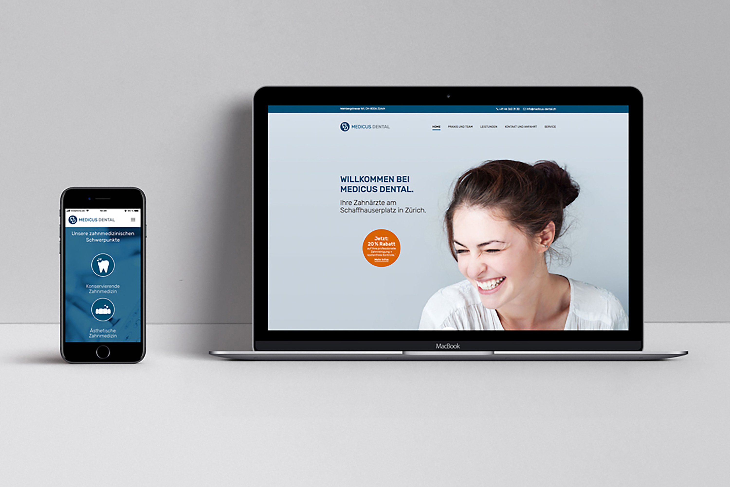 Excite Werbeagentur  Medicus Dental  Website auf Smartphone und Laptop