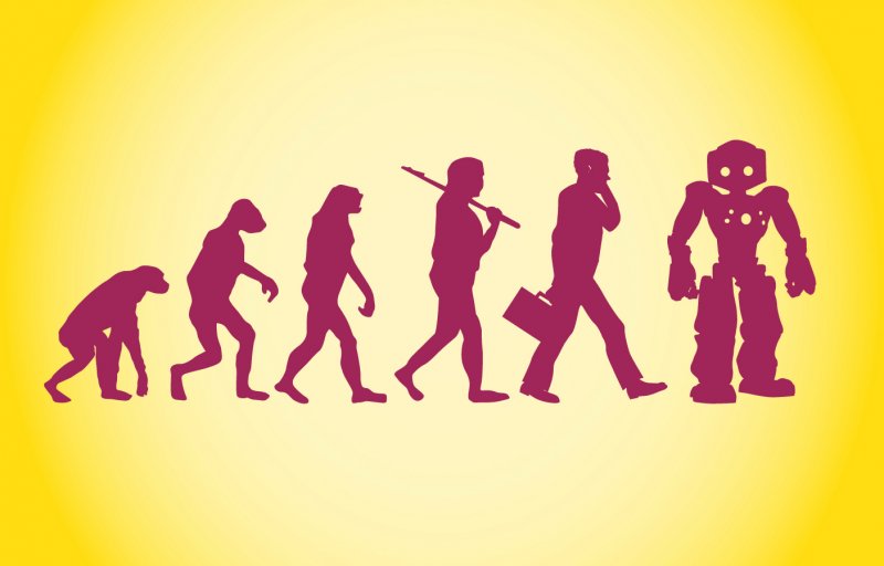 Evolutionsreihe Affe über Mensch zu Roboter