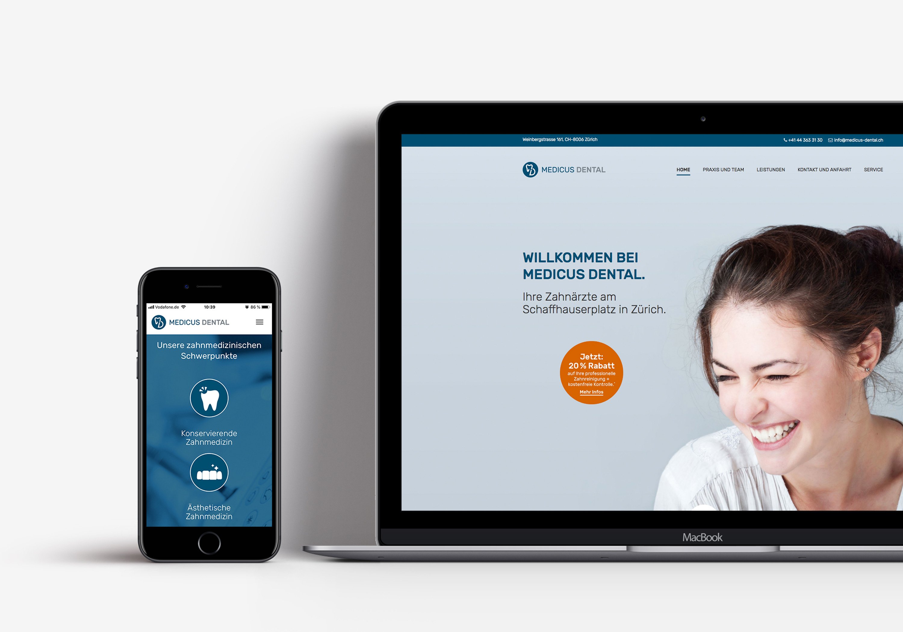 Excite Werbeagentur  Medicus Dental  Website auf Smartphone und Laptop